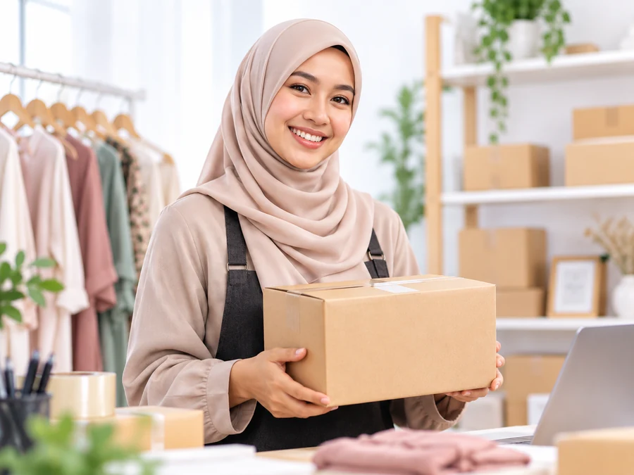 Pemilik bisnes produk memegang bungkusan tempahan pelanggan