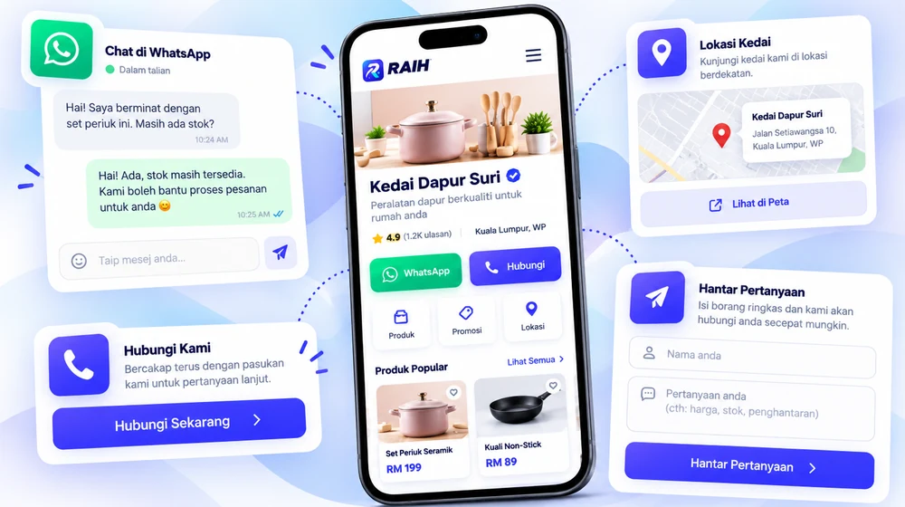 Pilihan WhatsApp, telefon dan tindakan untuk pelanggan menghubungi bisnes