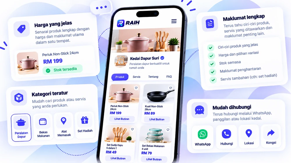 Paparan produk dan servis lengkap dengan gambar, harga dan maklumat