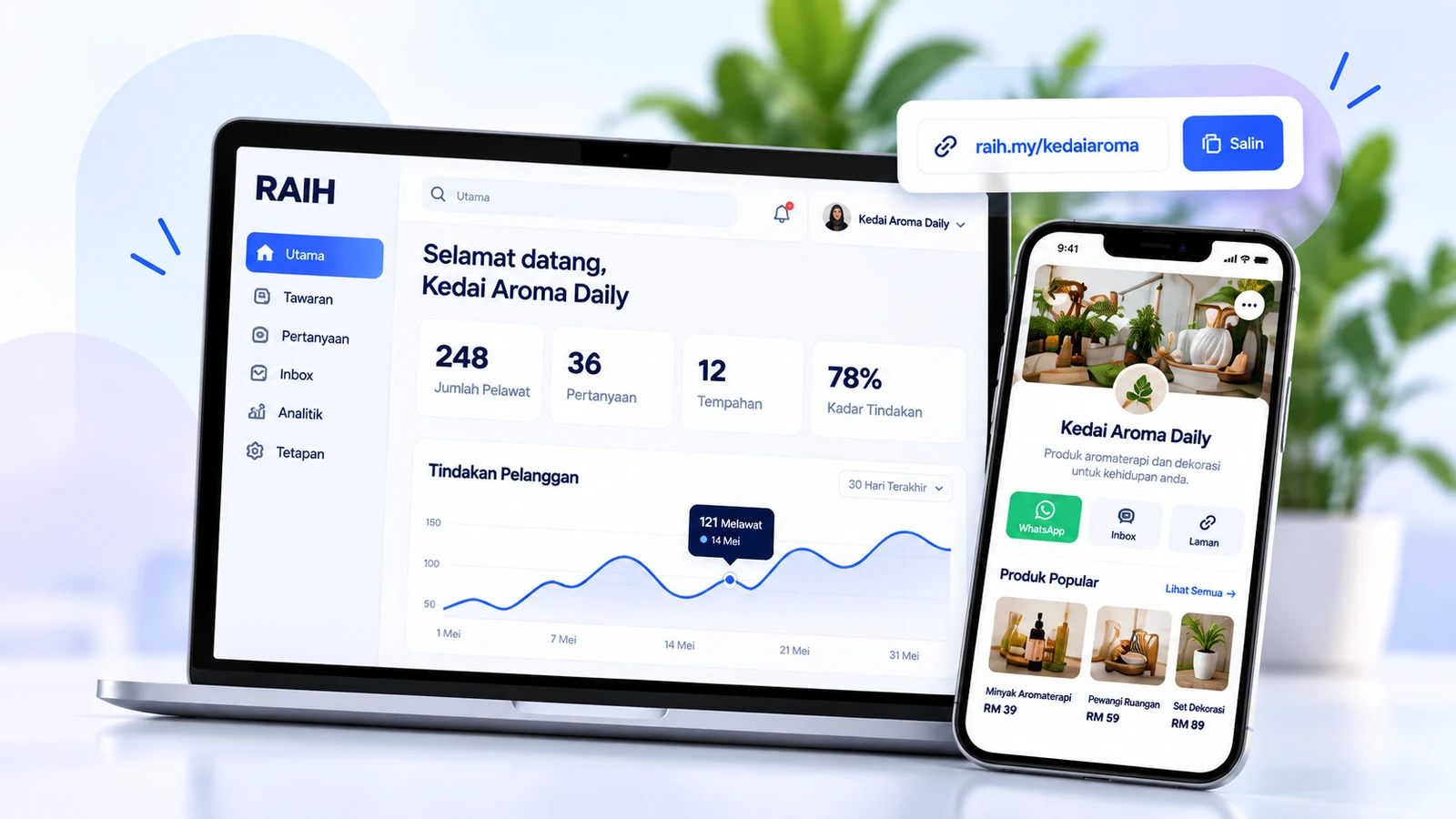 Contoh RAIH pada dashboard pemilik bisnes dan Halaman Bisnes pelanggan