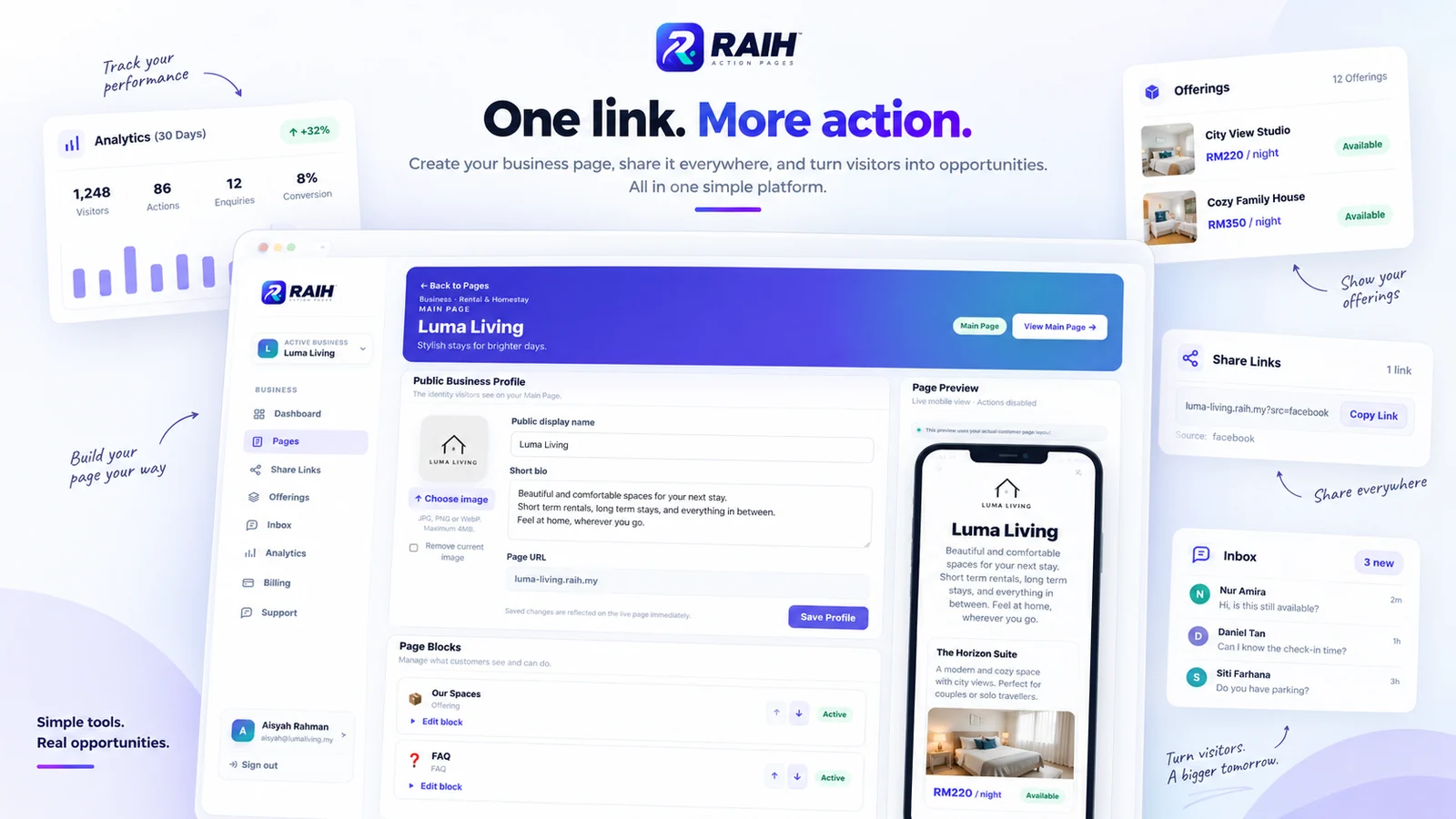 RAIH business page with page editor, offerings, share links, inbox and analytics